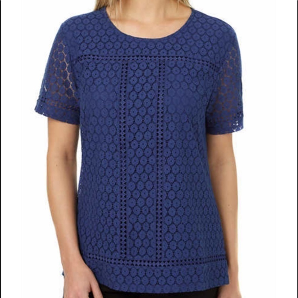 Badgley Mischka Blue Lace Short Sleeve Top Size Small
